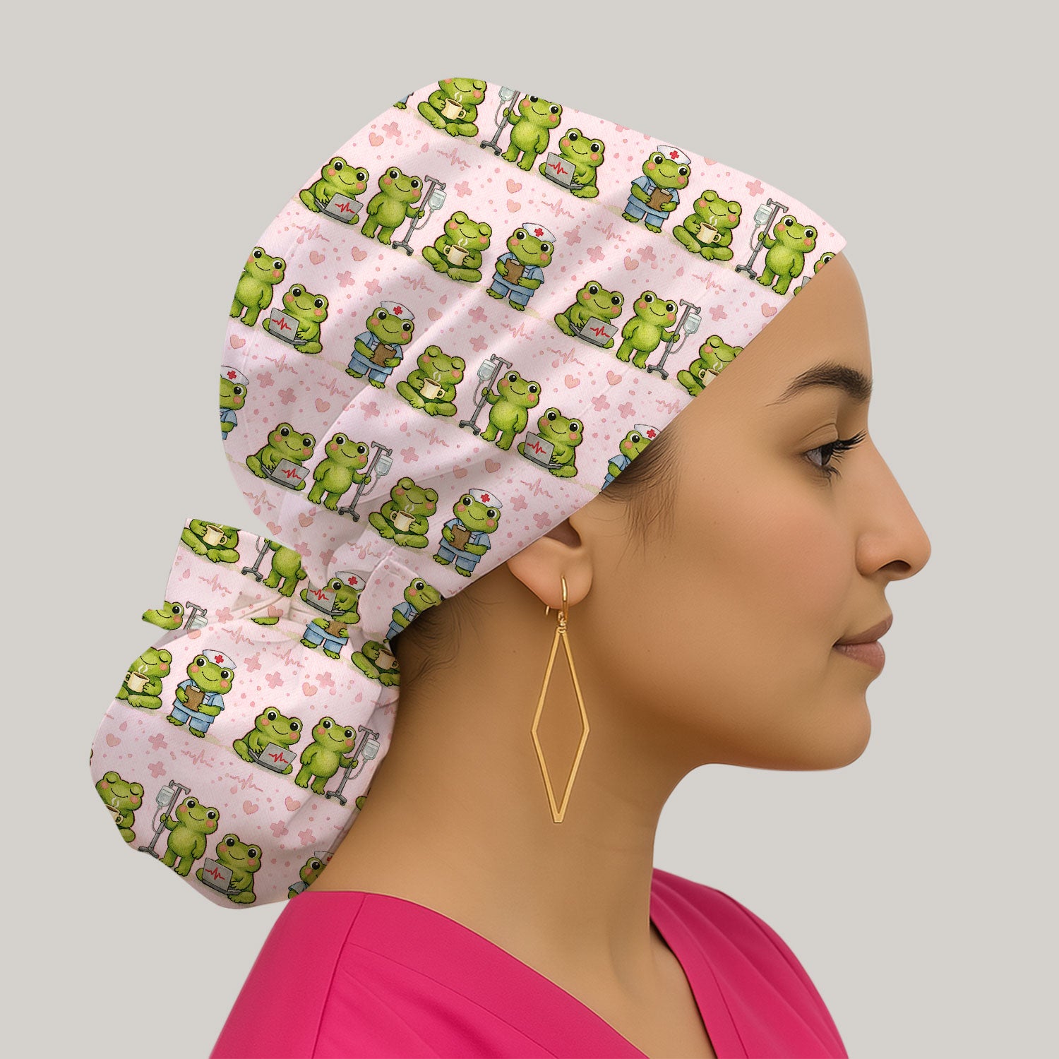 Adorable Frog Nurse Various Poses Print Bouffant Cap, Surgical Caps for Doctors