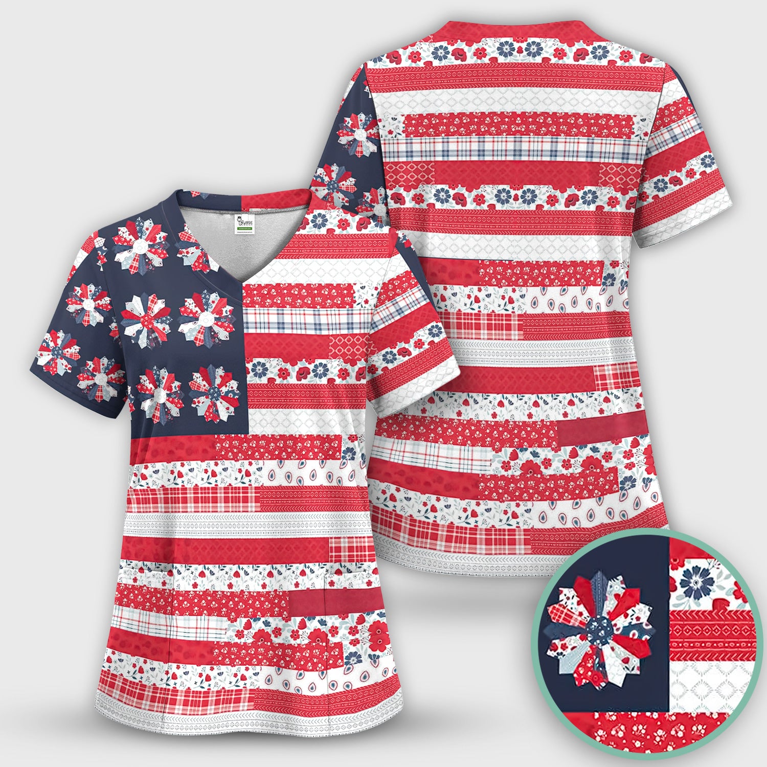 Patriotic Floral Flag Patchwork Pattern Scrub Set, Scrub Pants and V Neck Top