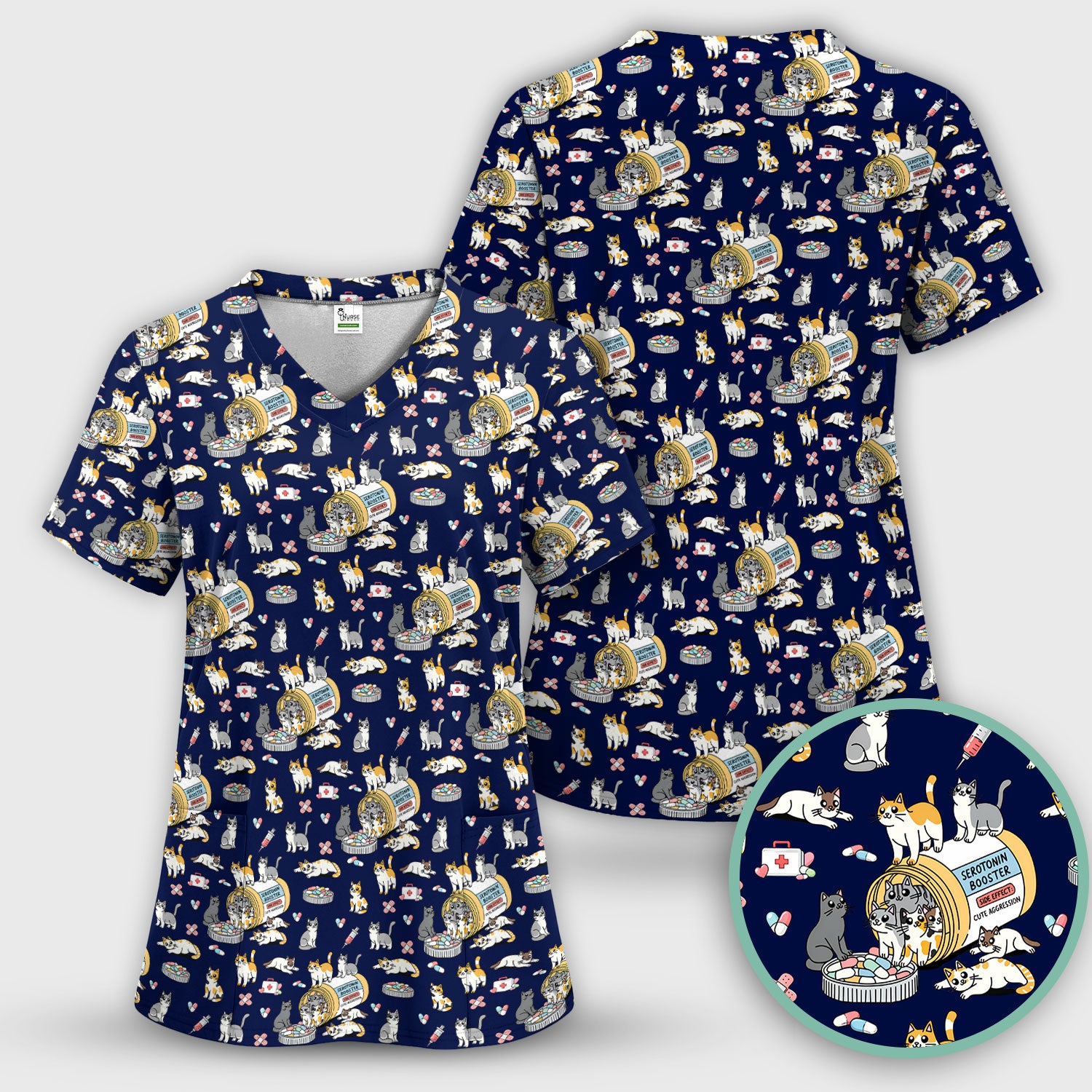 Cute Cat Serotonin Booster Pattern Scrub Top, Comfortable Scrubs for Nurses