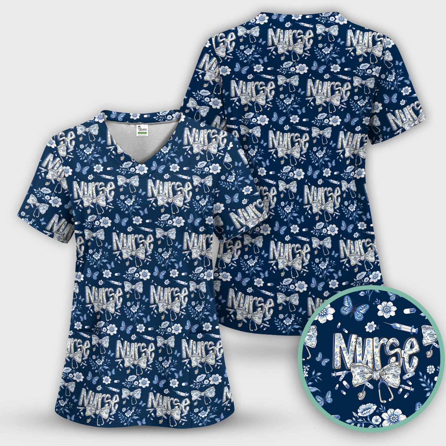 Blue Nurse Letter Bow Butterfly Floral Print Scrub Top, Comfortable Scrubs for Nurses