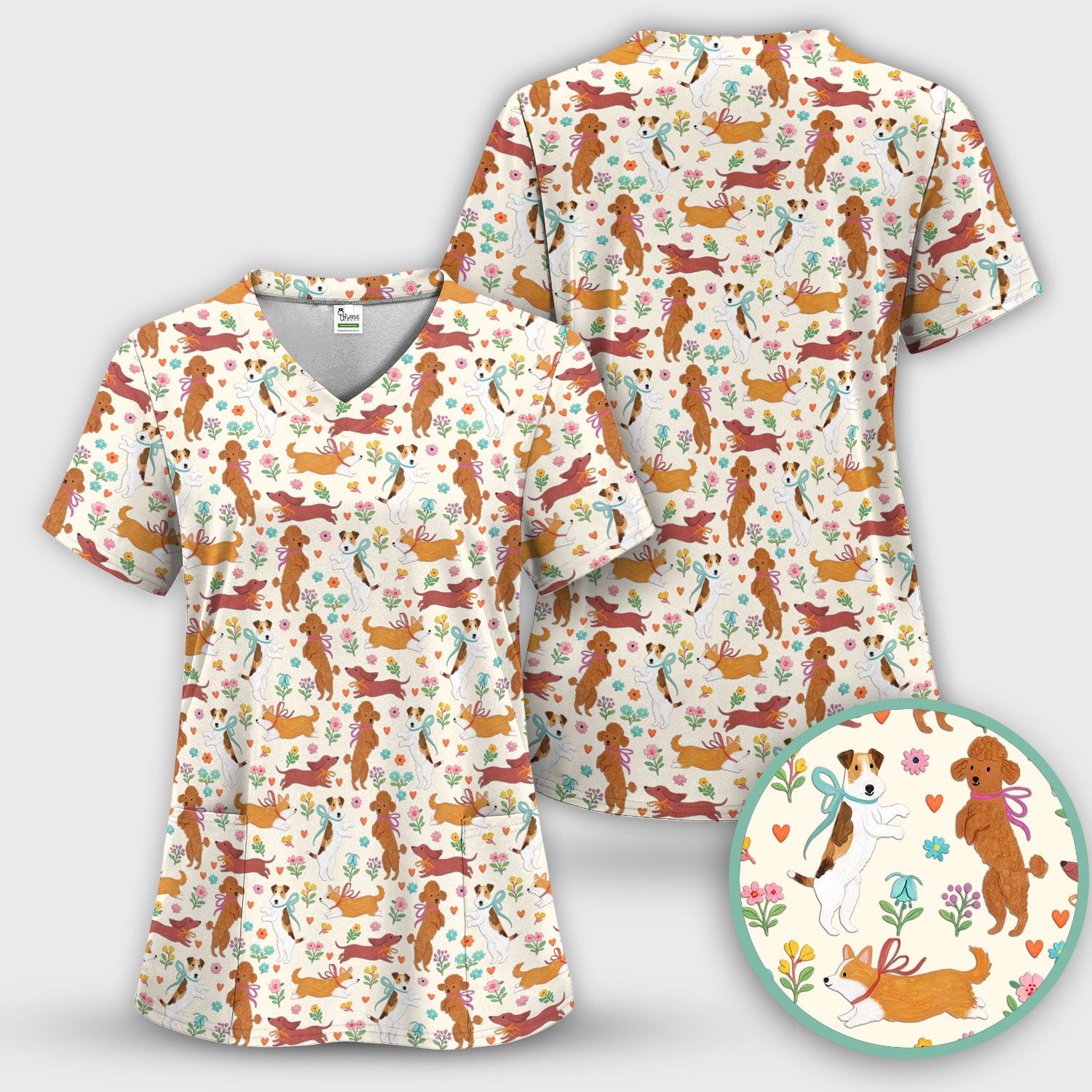 Cute Cartoon Dog Print Nurse Scrub Top, Comfortable Scrubs for Nurses