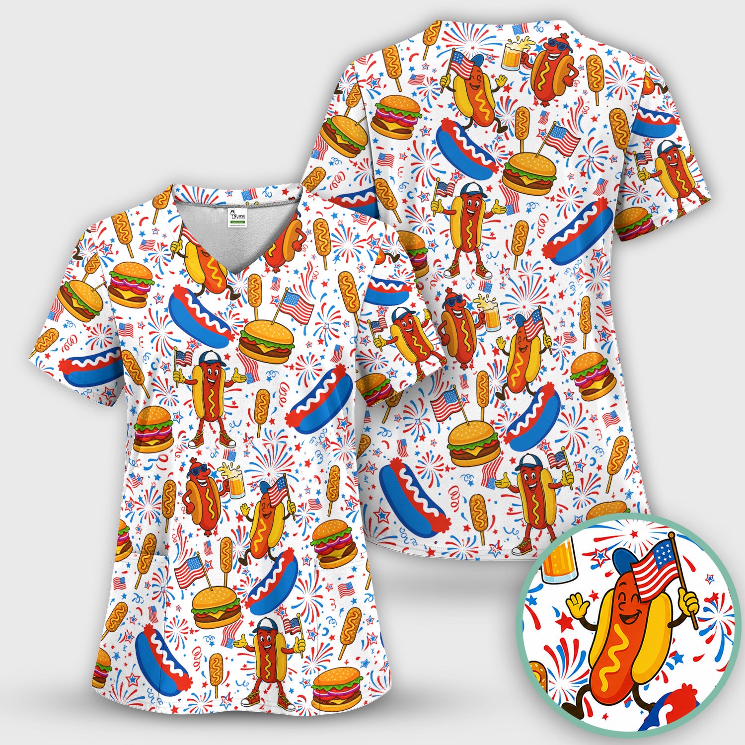 Patriotic Hot Dog Burger Fireworks Scrub Top, Comfortable Scrubs for Nurses