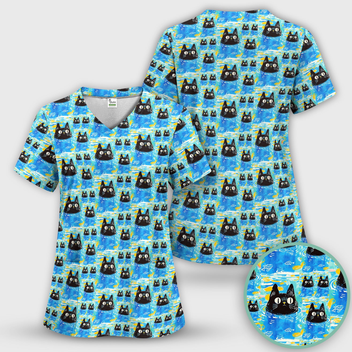 Black Cat Swimming In Blue Water Pattern Scrub Top, Comfortable Scrubs for Nurses