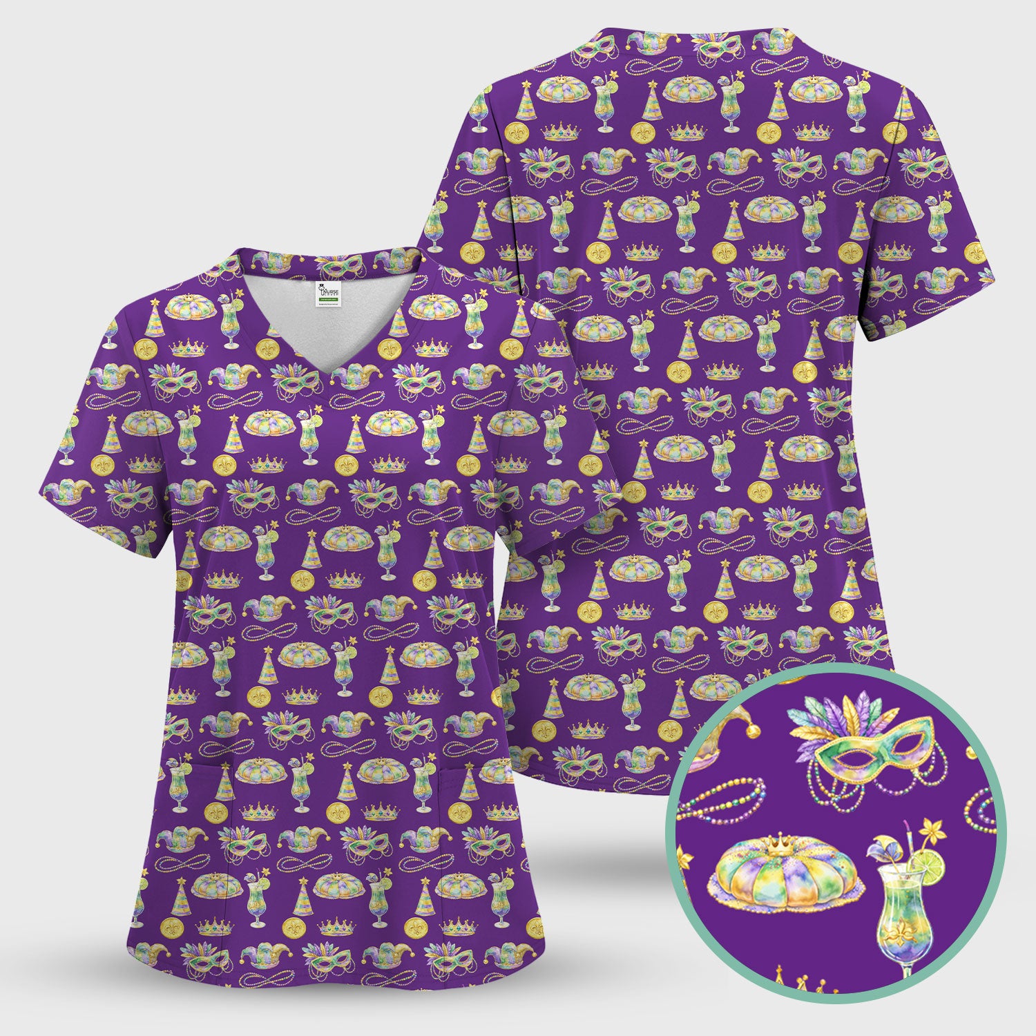 Mardi Gras Mask Scrub Set, Elegant Carnival Pattern Nurse Shirt For Women, Breathable Fabrics Nursing Uniform