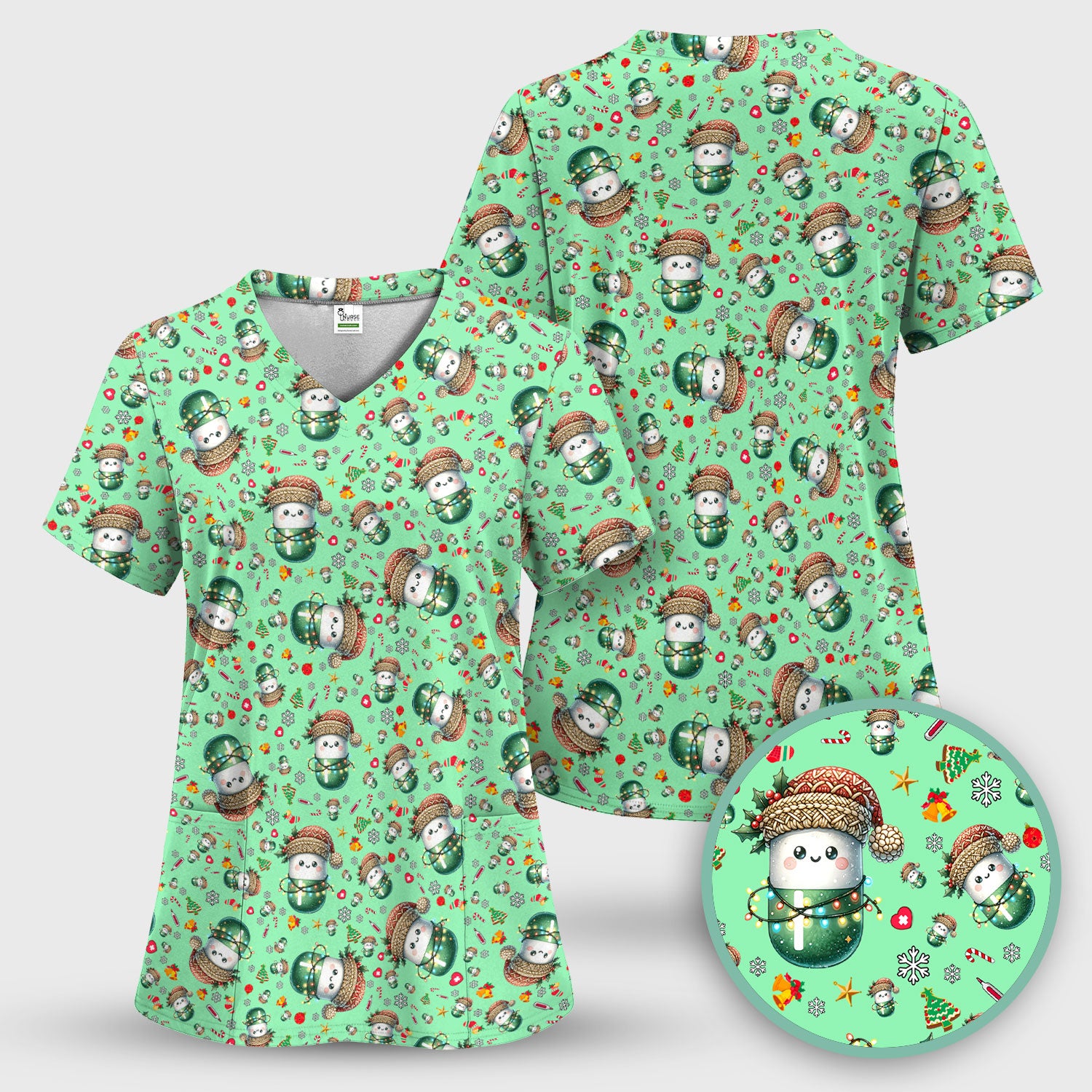 Pharmacy Tech Christmas Scrub Top – Cute Green Snowman Print Nurse Outfit – Funny Holiday Medical Uniform for Pharmacists