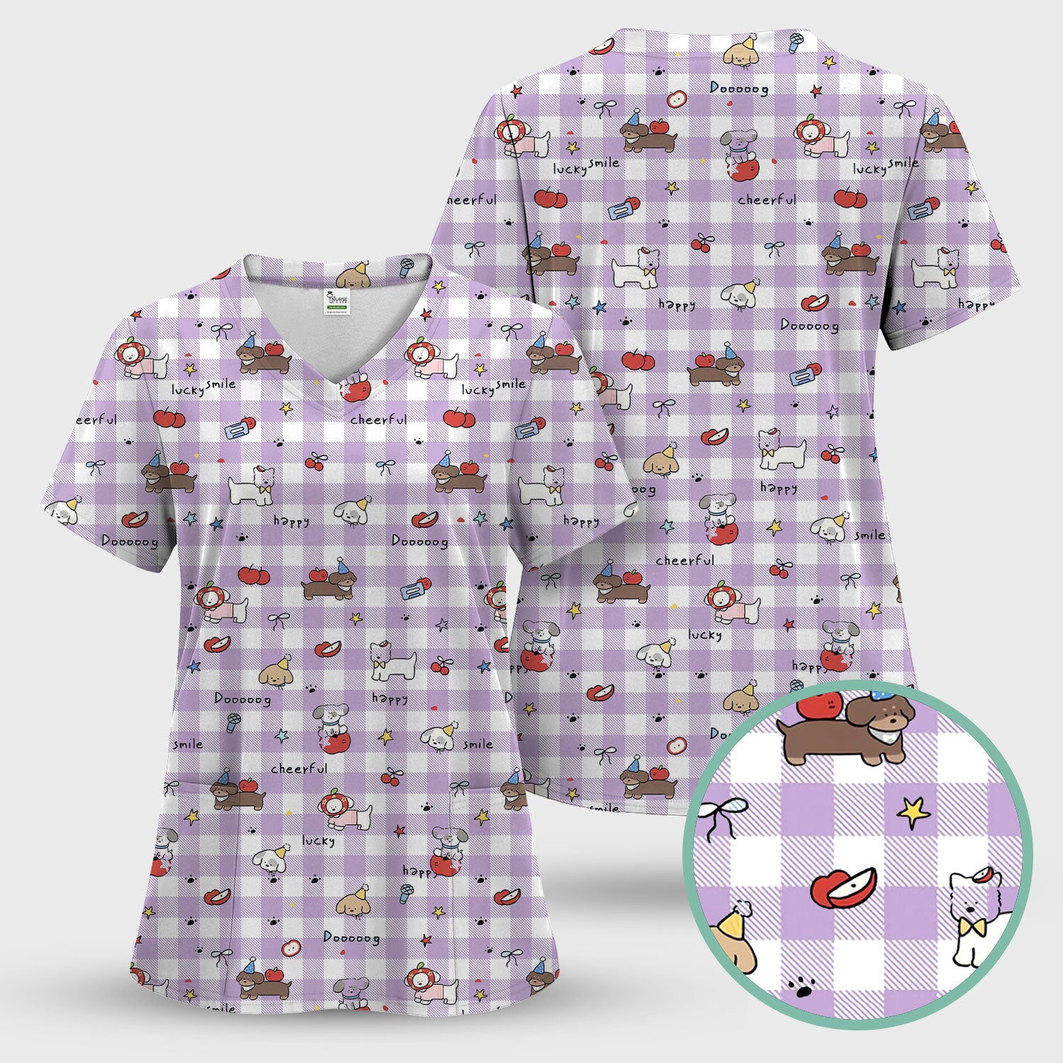 Cute Nurse Cartoon Puppy Apple Gingham Scrub Top, Breathable Fabrics Nursing Uniform