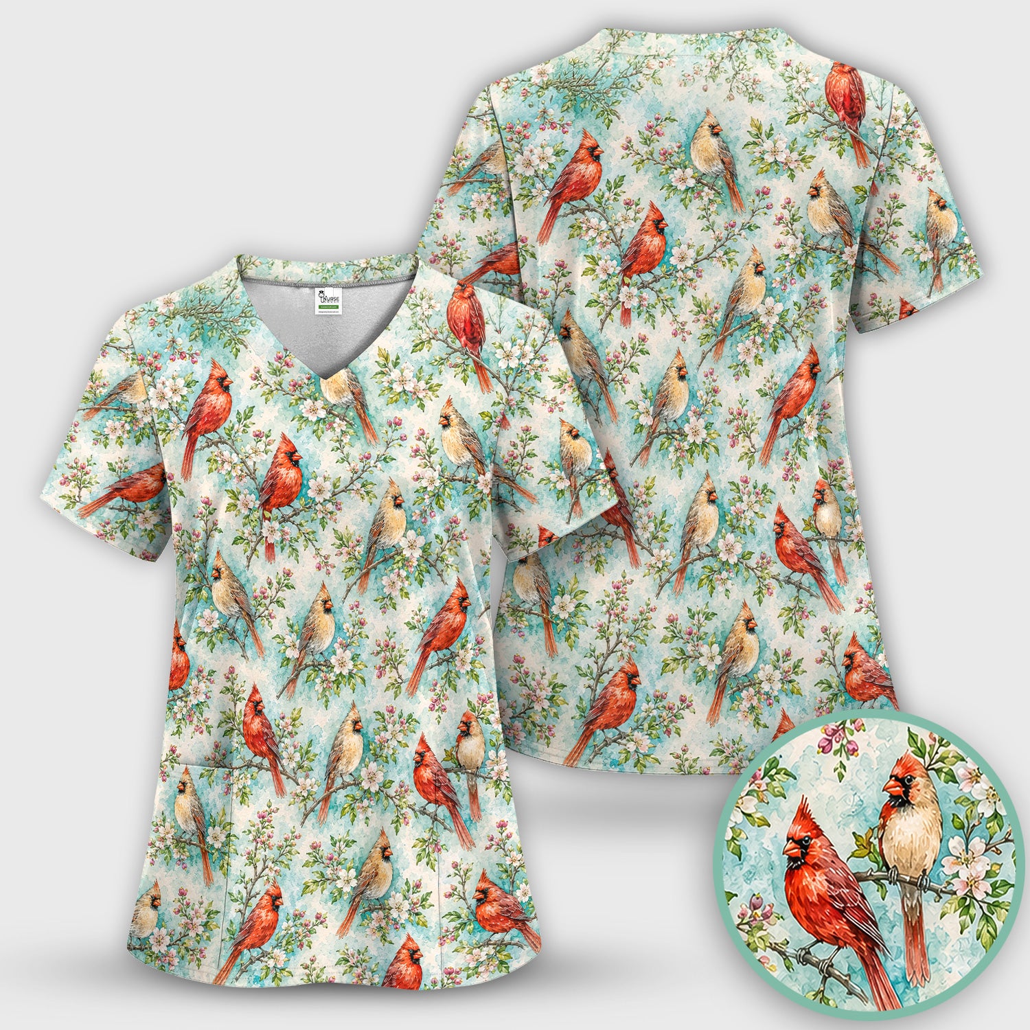 Cardinal Blossom Branch Pattern Scrub Set, Scrub Pants and V Neck Top