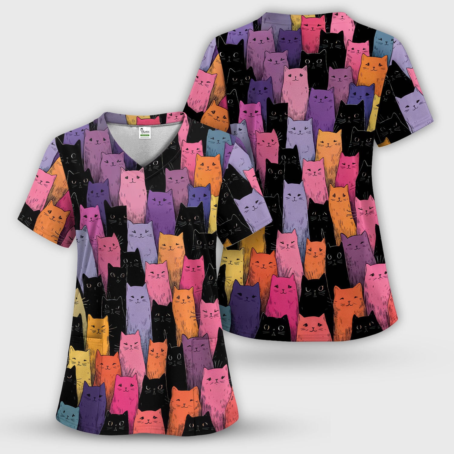 Colorful Cat Art Medical Pattern Scrub Top, Comfortable Scrubs for Nurses