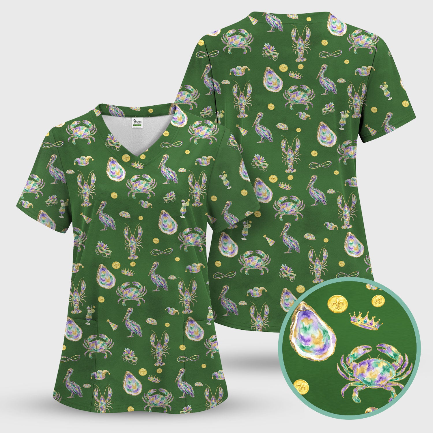 Mardi Gras Seafood Nurse Scrub Top, Comfortable Uniform Scrubs For Nursing