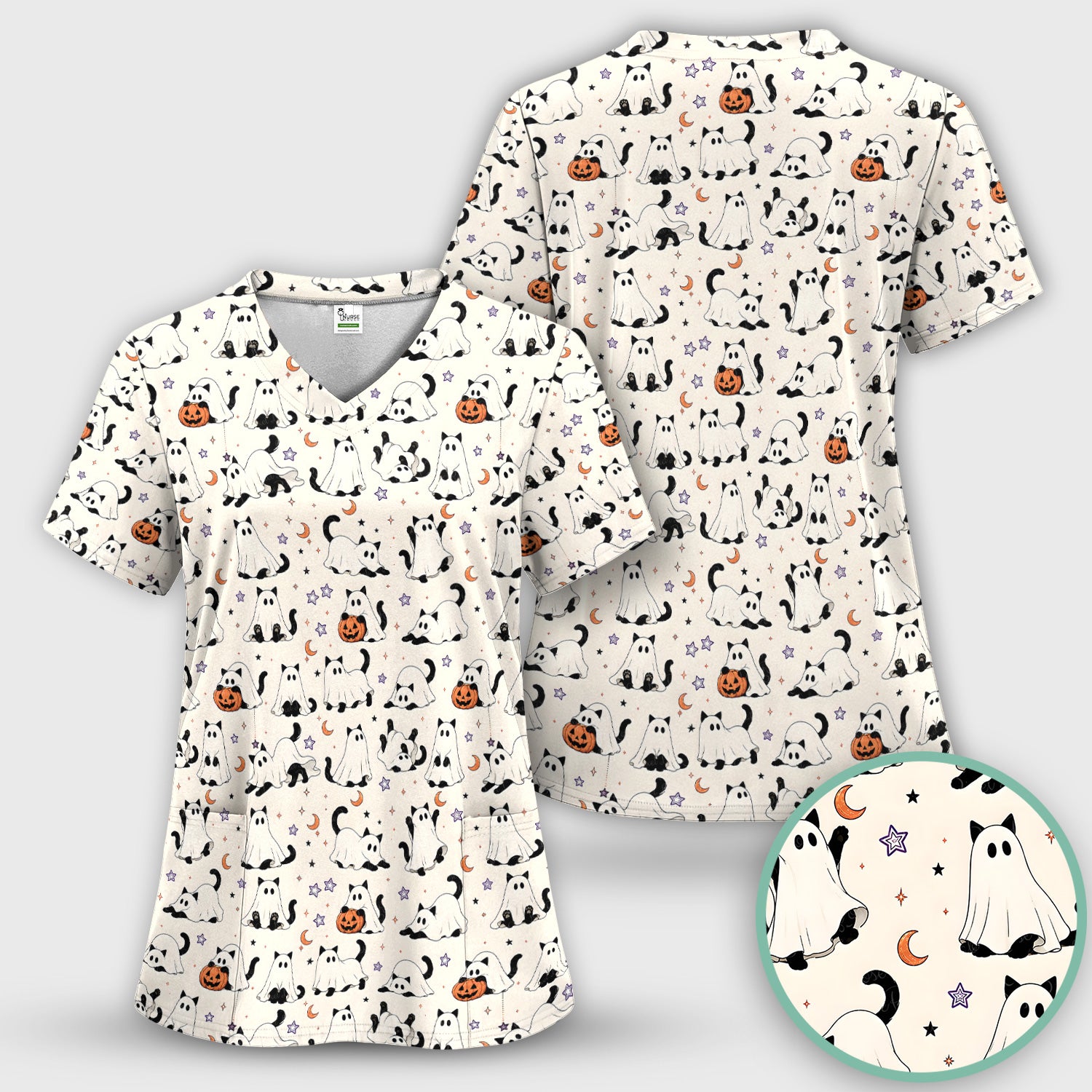 Halloween Ghost Cats And Pumpkins Scrub Top, Comfortable Scrubs for Nurses