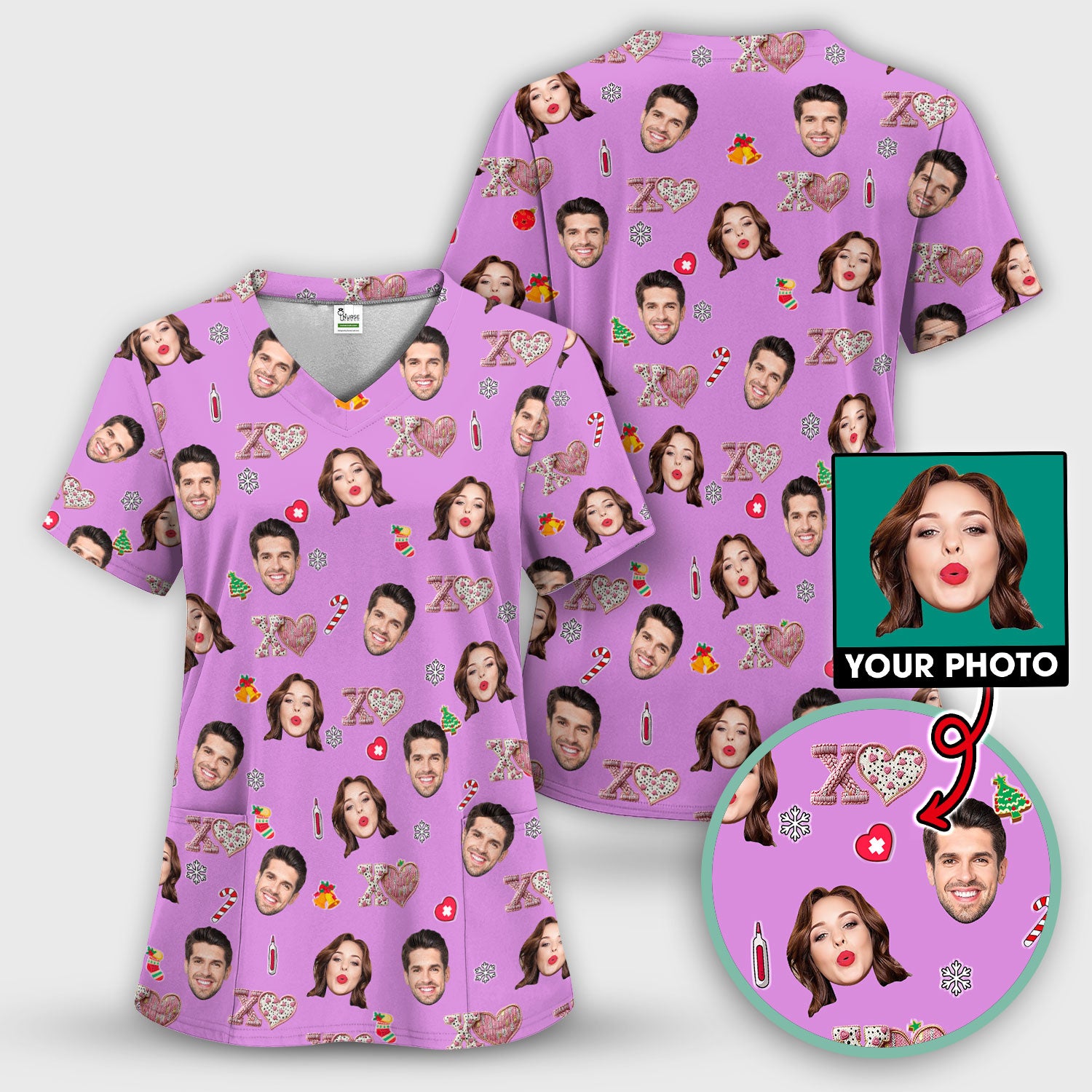 Custom Face Pattern XOXO Scrub Shirt, Personalized Photo Scrub Top, Breathable Fabrics Nursing Uniform