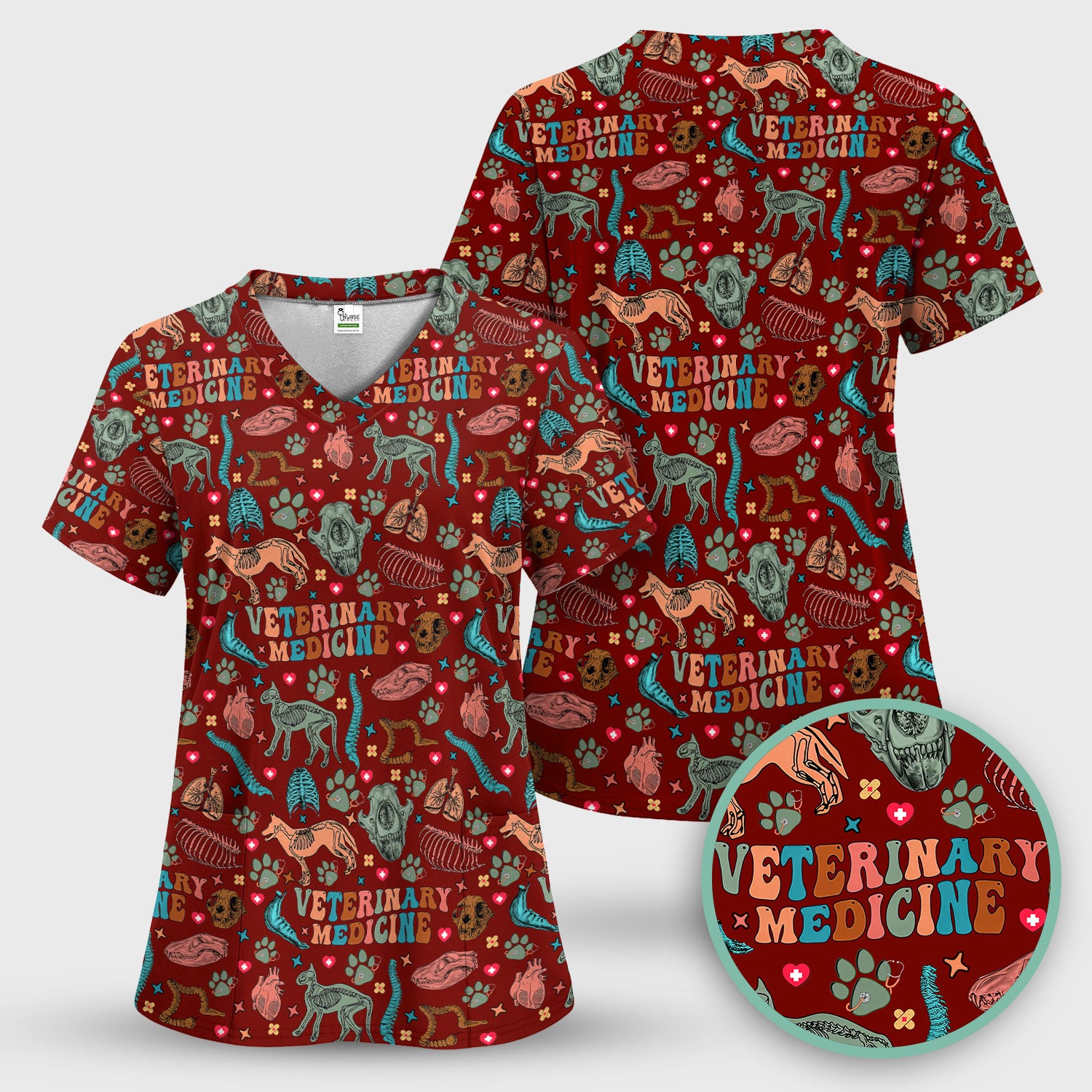 Vet Tech Scrub Top - Veterinary Medicine Pattern - Animal Medical Uniform for Women Nurse Gift