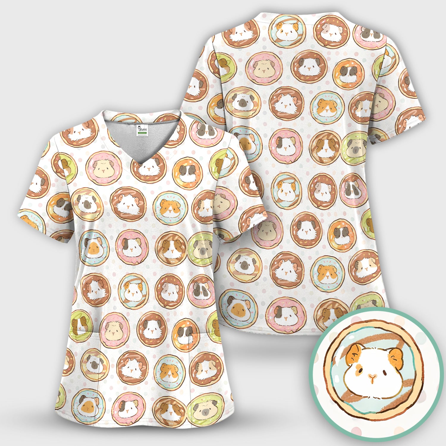 Cute Guinea Pig Donut Circle Pattern Scrub Set, Scrub Pants and V Neck Top