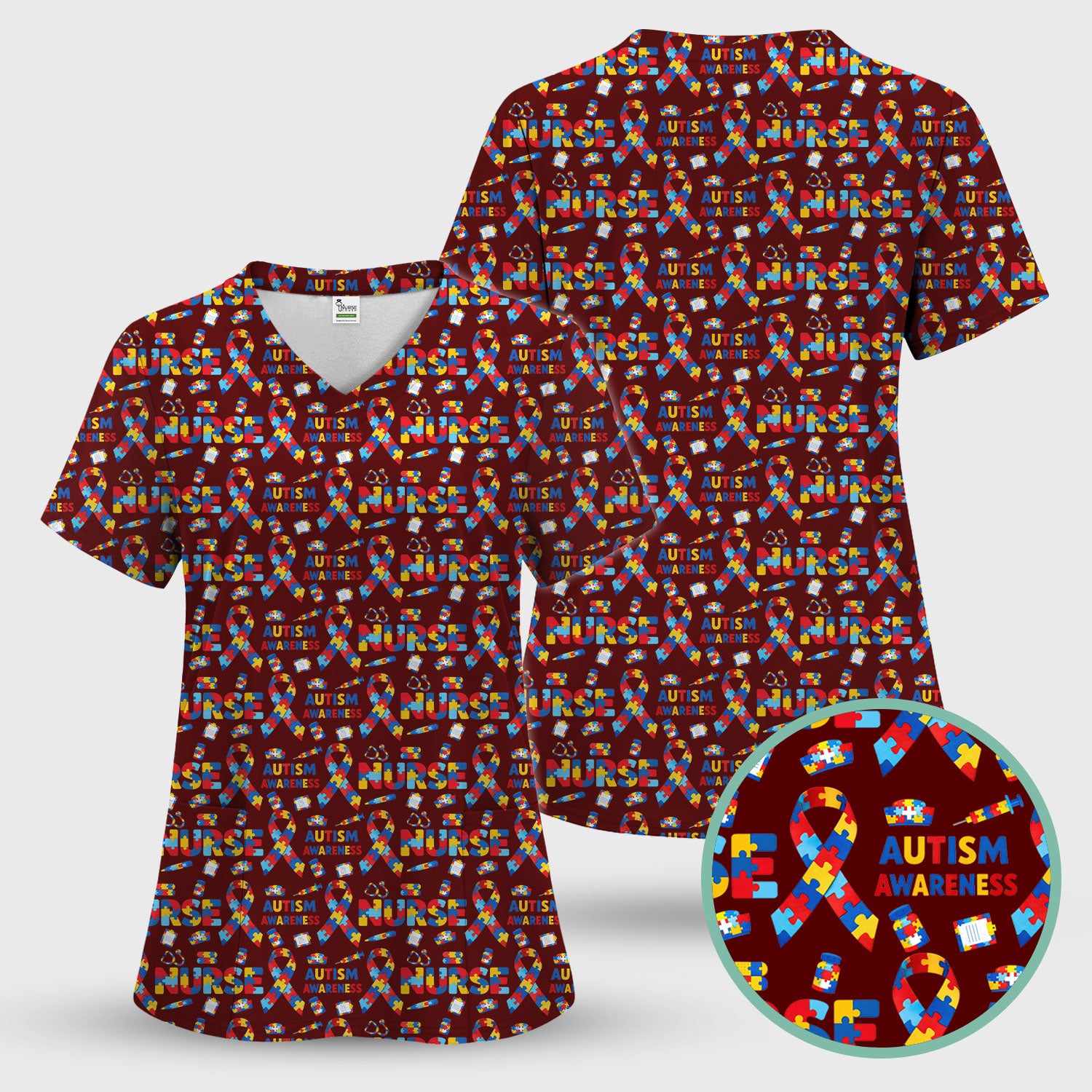 Autism Awareness Nurse Puzzle Ribbon Print Scrubs, Comfortable Scrubs for Nurses