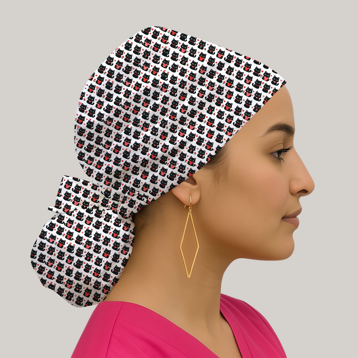 Black Cat Valentine Nurse Scrub Cap, Cute Heart Pattern Medical Hat, Breathable Fabrics Nursing Uniform