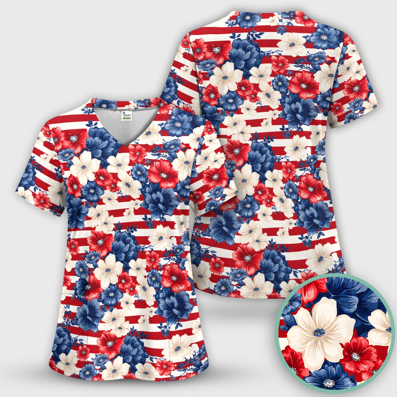Patriotic Floral Nurse for RN & CNA, American Flag Healthcare Workers Medical Uniform Scrub Top, Comfortable Scrubs for Nurses