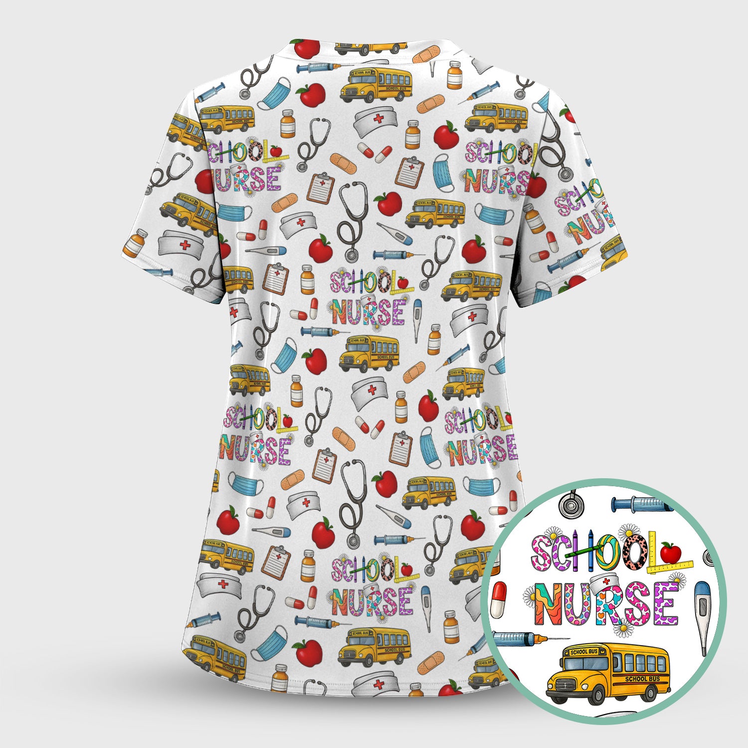 Cute School Nurse Scrub Top - Funny School Bus & Stethoscope Pattern Design - Gift for Women RN LPN