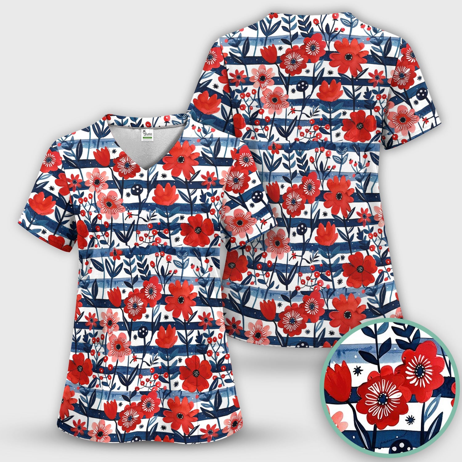 Red Poppy Navy Stripe Pattern Scrub Top, Comfortable Scrubs for Nurses