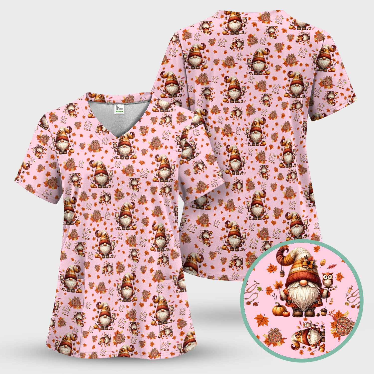 Fall Gnome Nurse Scrub Top for Women - Autumn Leaves Pumpkin Shirts - Thanksgiving Nursing Uniform Gift for RN LPN CNA