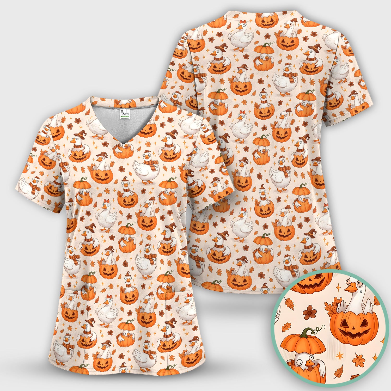 Cute Halloween Goose And Pumpkins Scrub Top, Comfortable Scrubs for Nurses