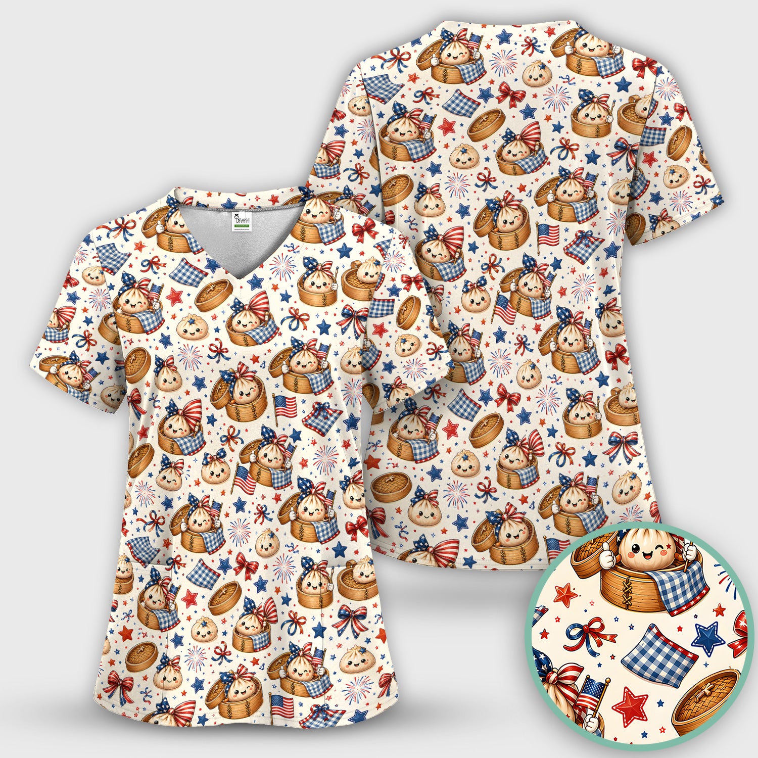Patriotic Dumpling Nurse Pattern Scrub Set, Scrub Pants and V Neck Top
