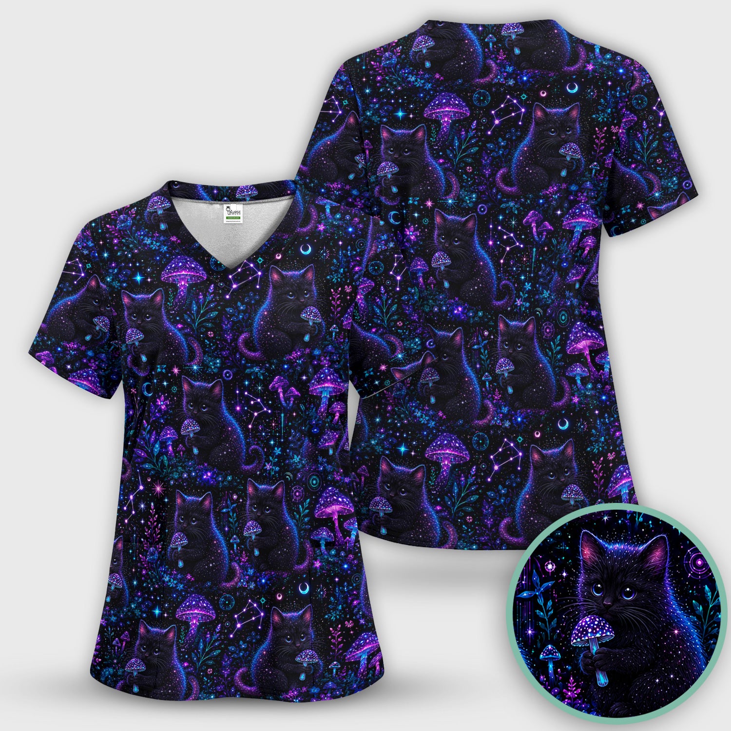 Neon Black Cat Mushroom Galaxy Pattern Scrub Set, Scrub Pants and V Neck Top