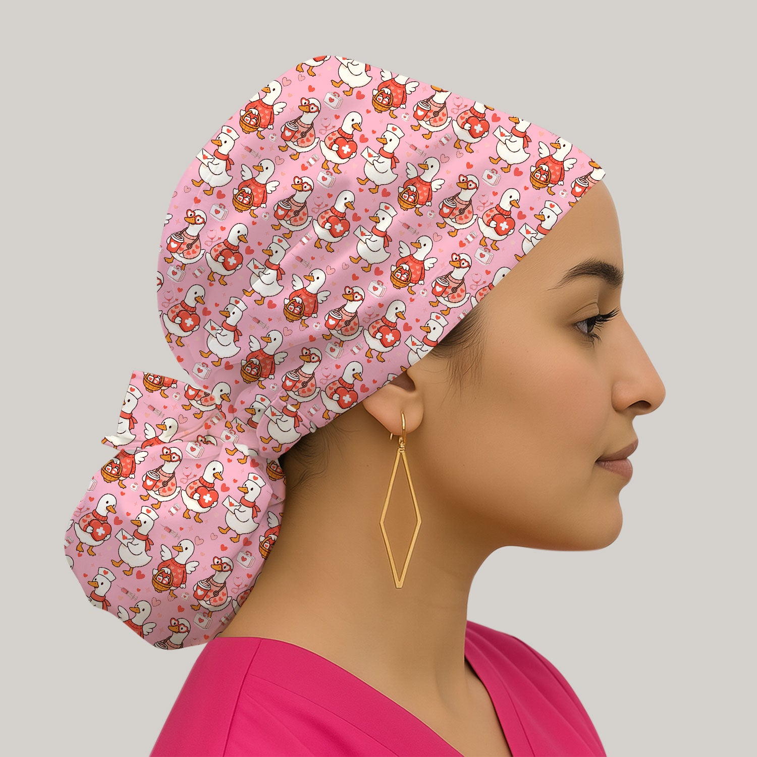 Valentine Goose Nurse Scrub Cap, Heart Medical Pattern Nurse Hat, Breathable Fabrics Nursing Uniform
