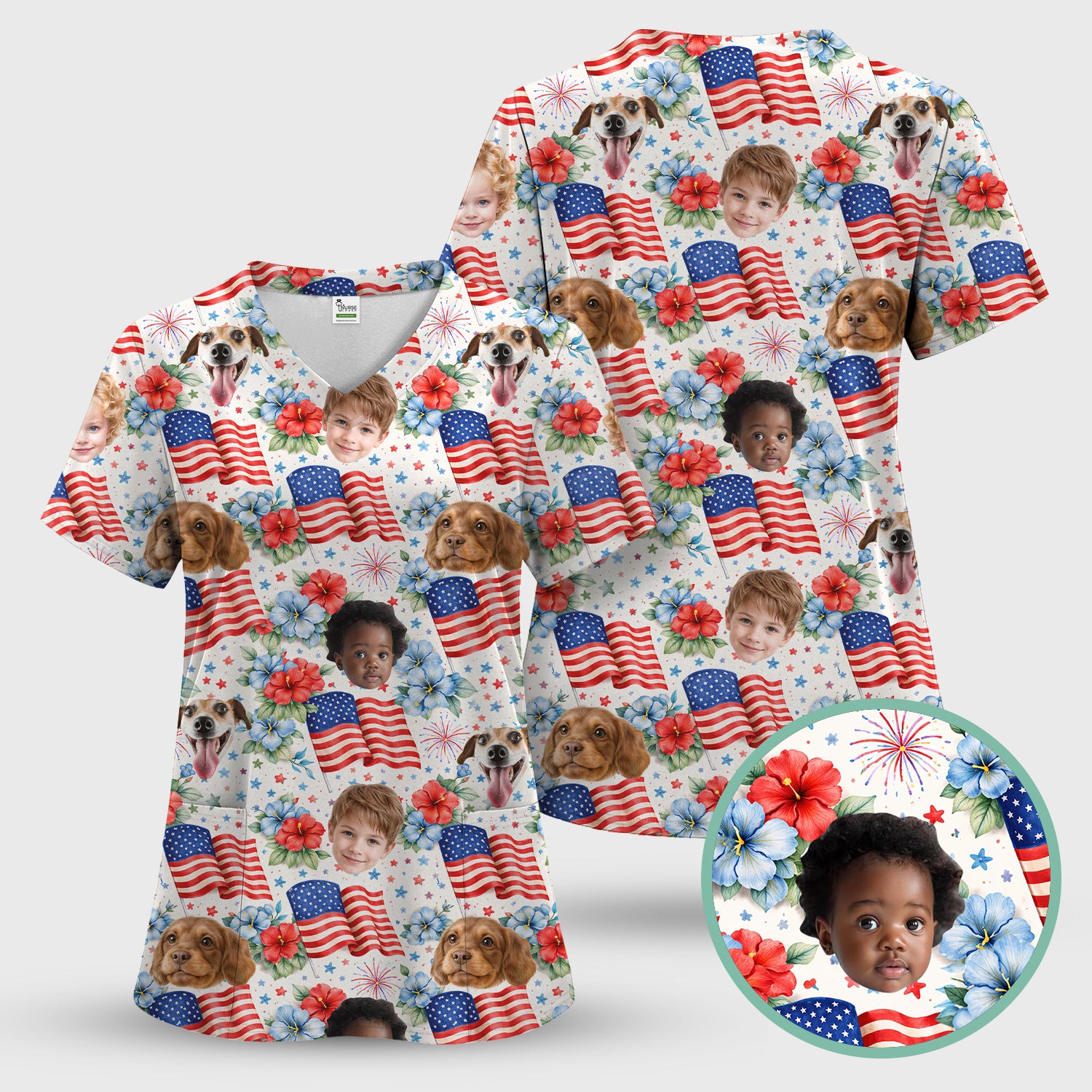 Custom Photo Patriotic Kids & Pet Faces Flag Nurse Scrub Set, Scrub Pants and V Neck Top