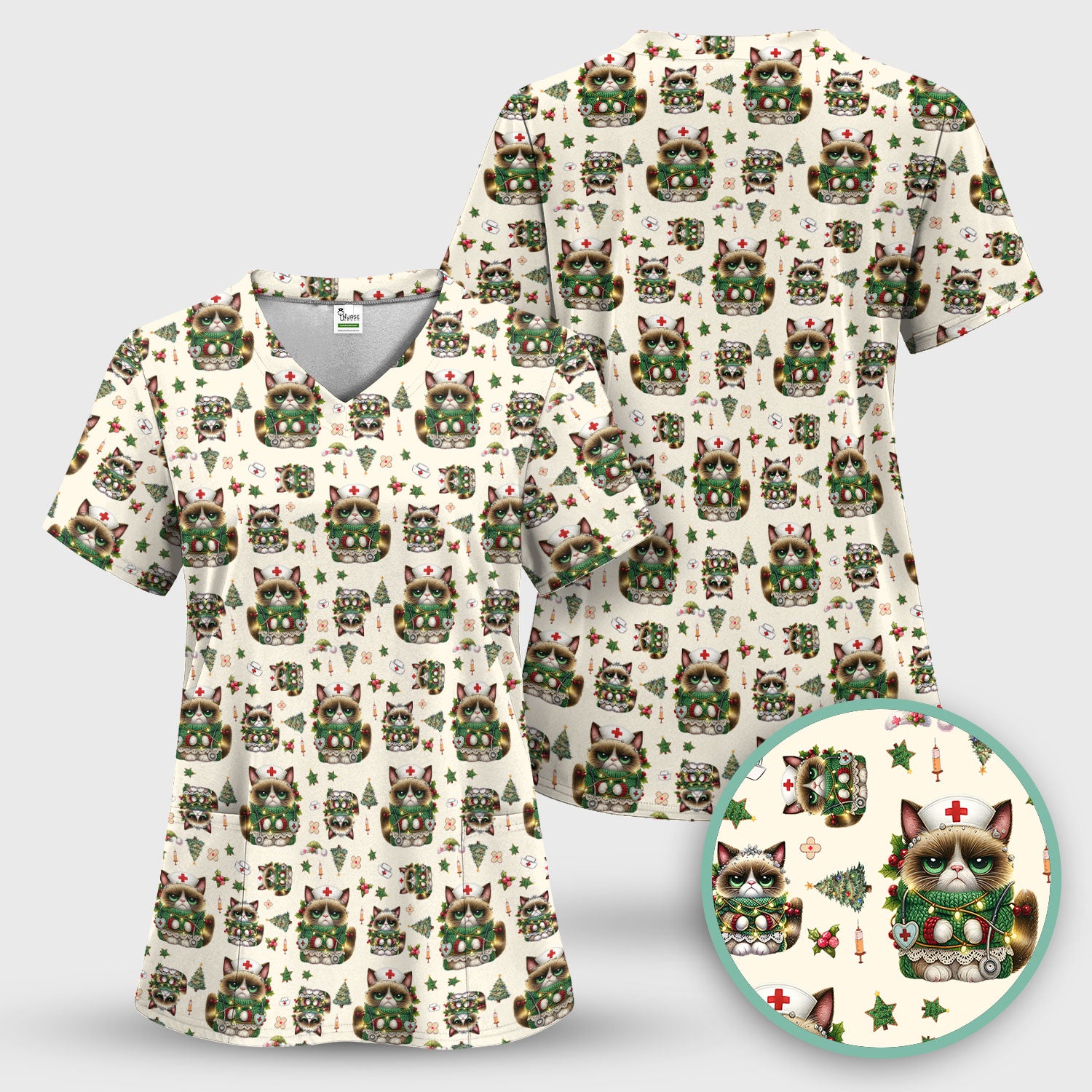 Christmas Nurse Scrub Top - Funny Cat Nursing Shirt - Cute Holiday Medical Uniform for Women RN LPN CNA