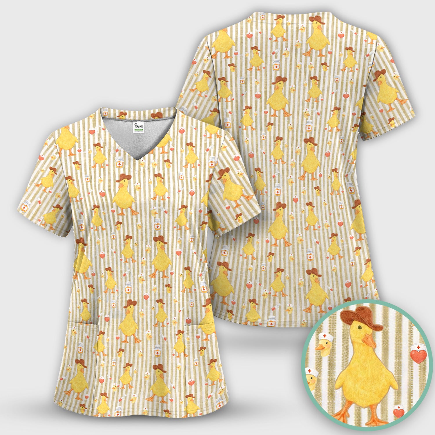 Cowboy Ducktor Vertical Stripe Pattern Scrub Top, Comfortable Scrubs for Nurses