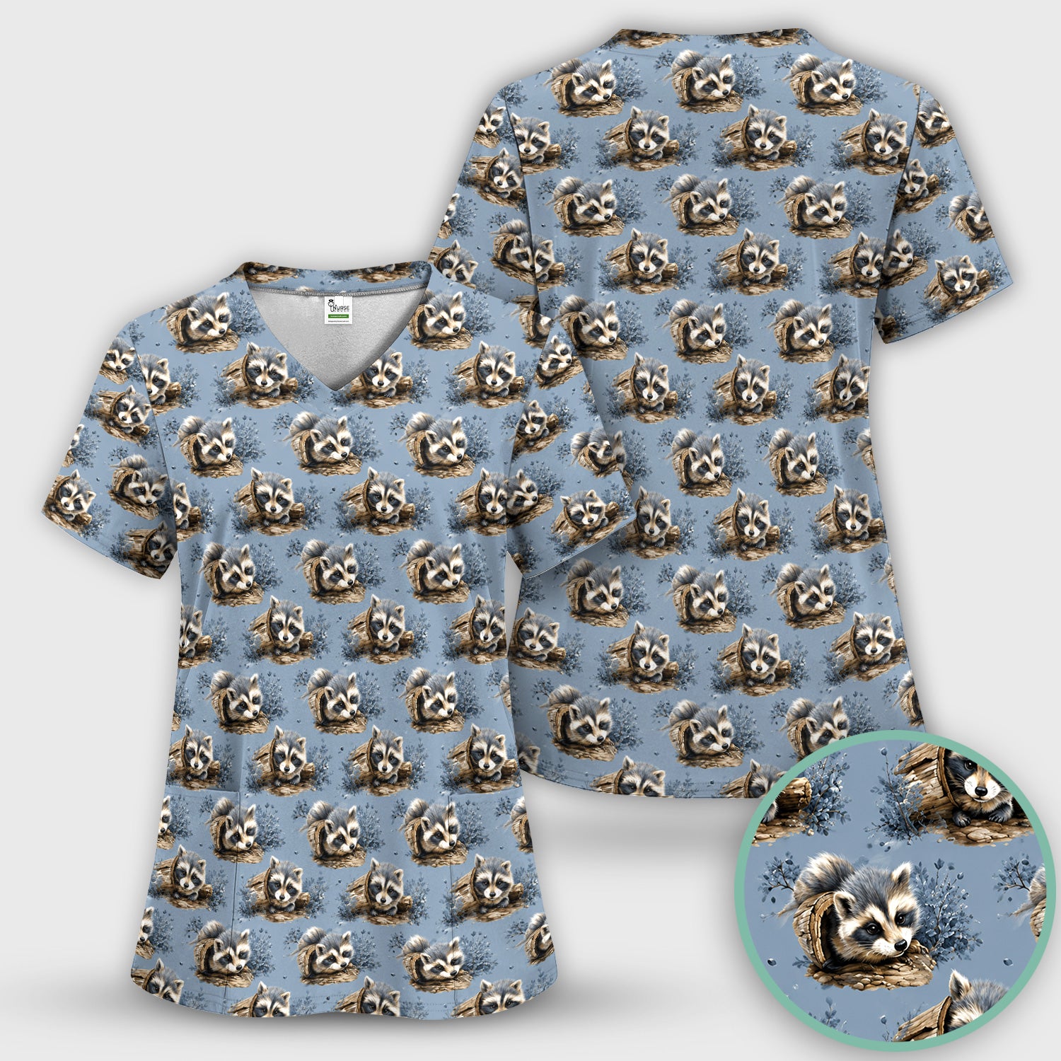 Cute Raccoon In Log Pattern Scrub Top, Comfortable Scrubs for Nurses