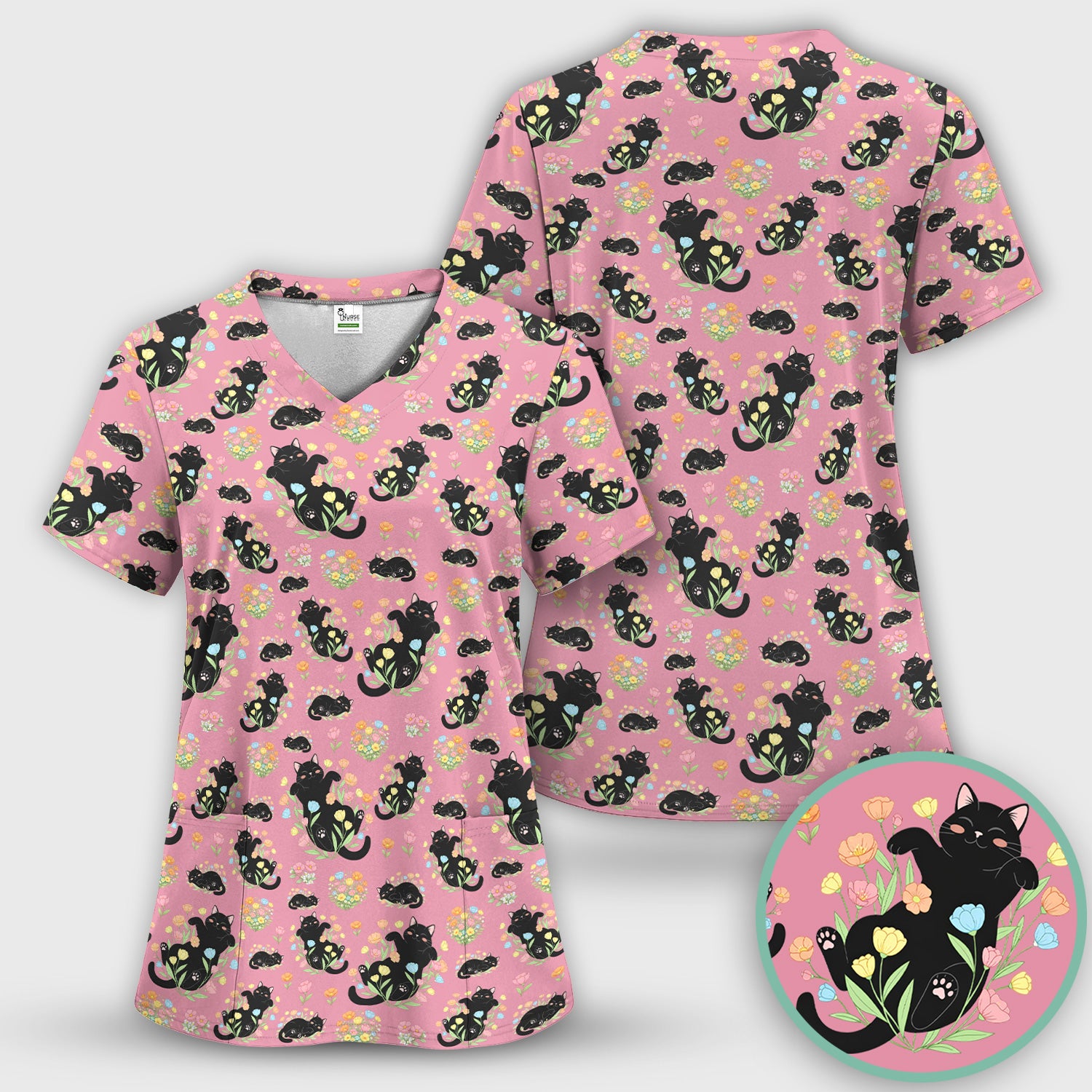 Cats With Cute Poses Floral Pattern Scrubs Top, Comfortable Scrubs for Nurses