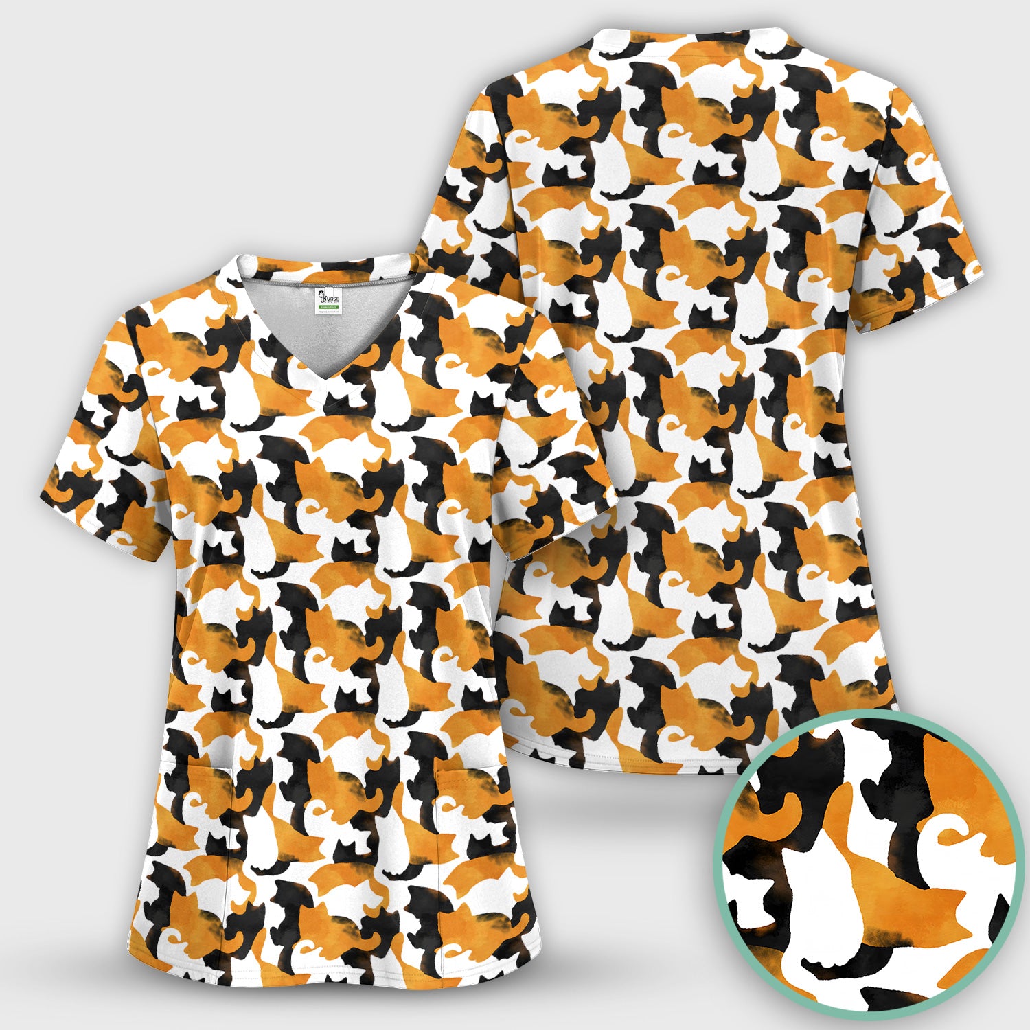 Calico Cat Silhouette Pattern Scrub Set, Scrub Pants and V Neck Top