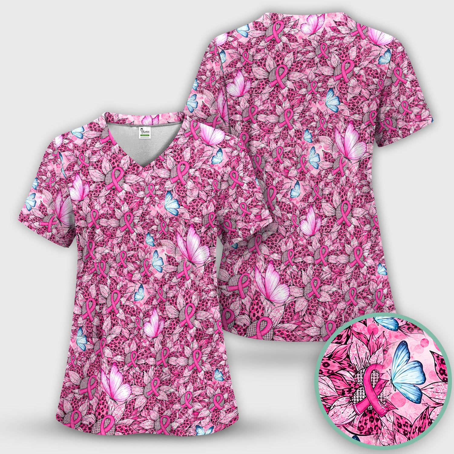 Pink Ribbon Butterfly Breast Cancer Scrub Set, Scrub Pants and V Neck Top