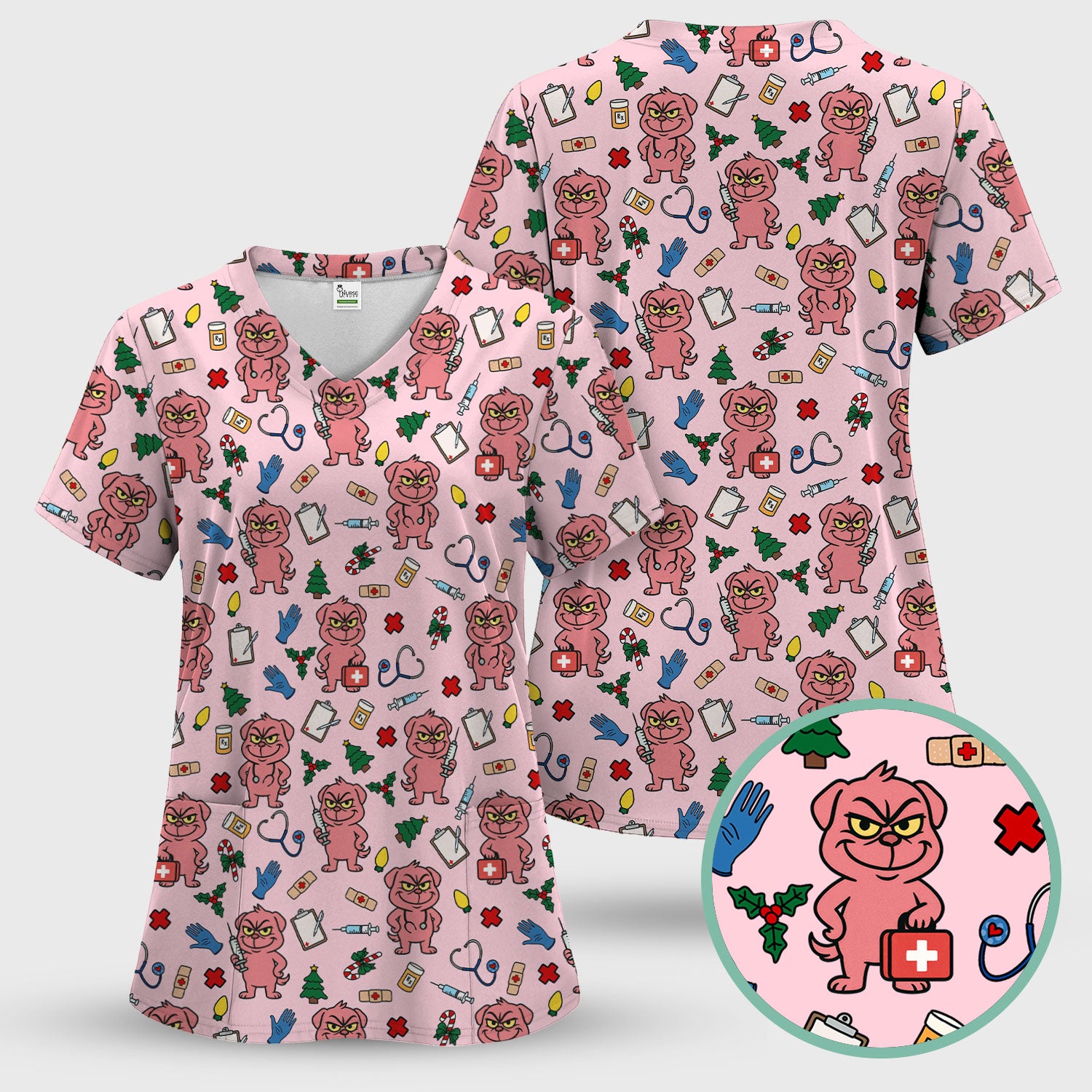 Christmas Scrub Set for Nurses - Funny Pink Dog Pattern - Holiday Nurse Scrubs with Tree, Bandage and Stethoscope Print