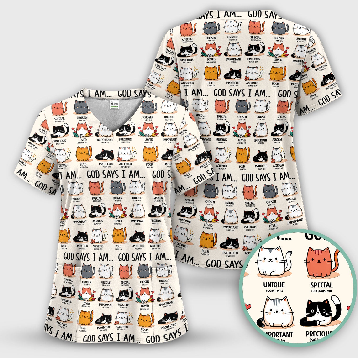 Cute Christian Cat God Says I Am Scrub Top, Comfortable Scrubs for Nurses