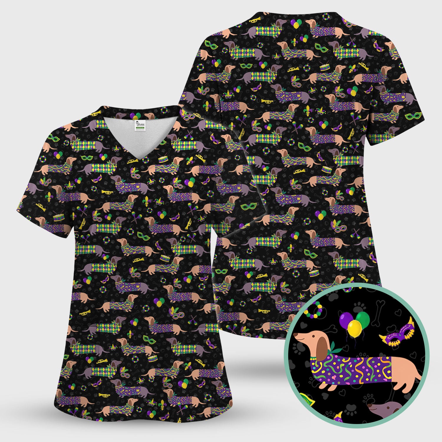 Mardi Gras Dachshund Nurse Scrub Set, Wiener Dog Holiday Pattern Nurses Shirt, Comfortable Uniform Scrubs For Nursing