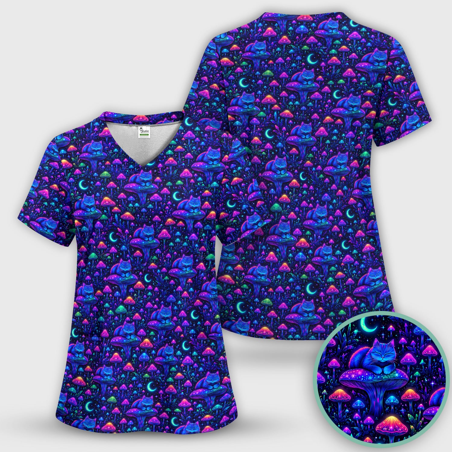 Neon Mushroom Cat Galaxy Scrub Top, Psychedelic Night Forest Nursing Uniform