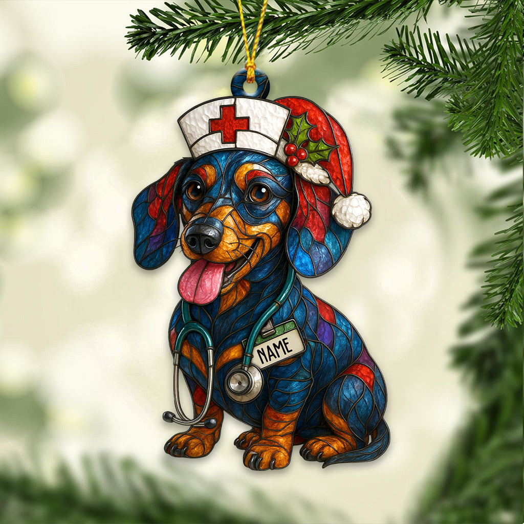 Personalized Nurse Dachshund Christmas Ornament – Custom Name Dog Nurse Holiday Decor, Funny Healthcare Gift for Pet Lovers