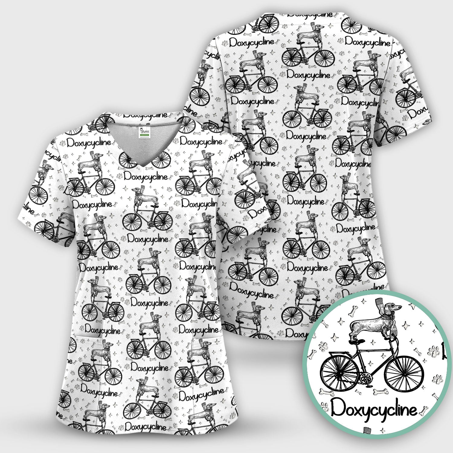 Funny Doxycycline Dog Bicycle Print Scrub Top, Comfortable Scrubs for Nurses