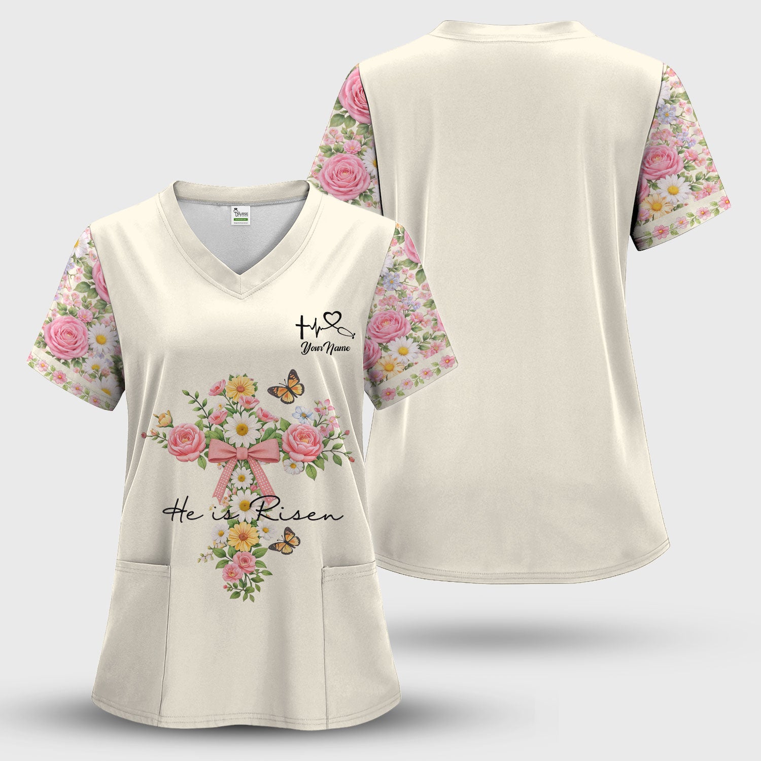 Personalized Meaningful Easter Nurse He Is Risen Floral Cross Bow Pattern Scrub Top, Comfortable Scrubs for Nurses