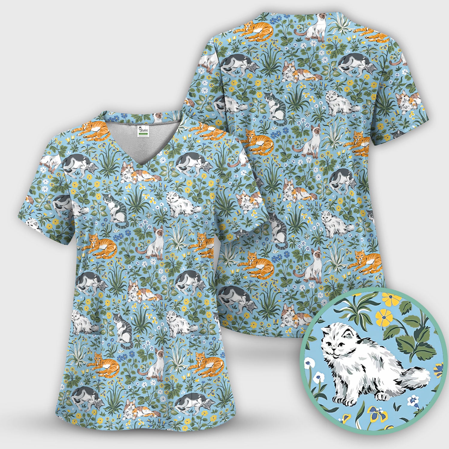 Floral Cat Garden Medical Pattern Scrub Top, Comfortable Scrubs for Nurses