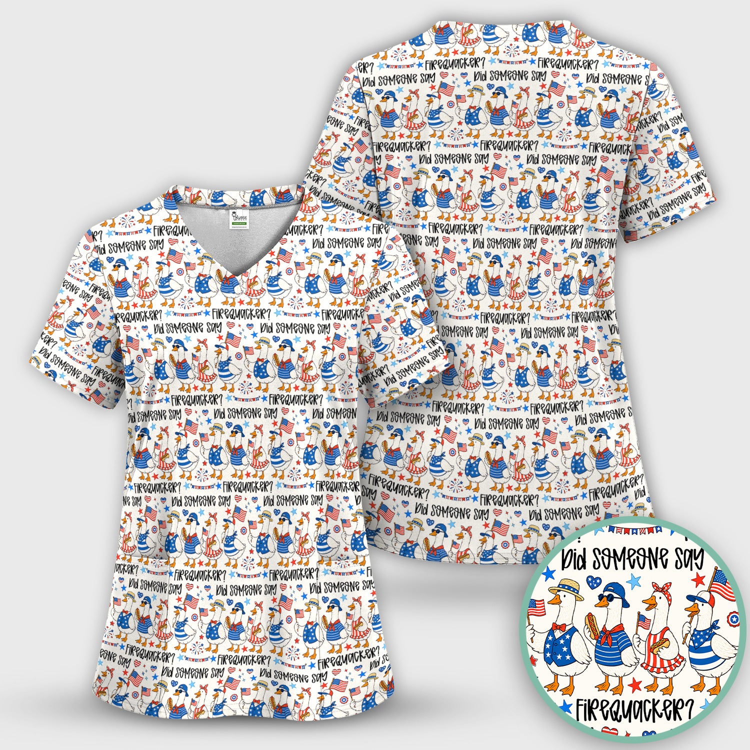 Funny Patriotic Goose Pattern Scrub Set, Scrub Pants and V Neck Top