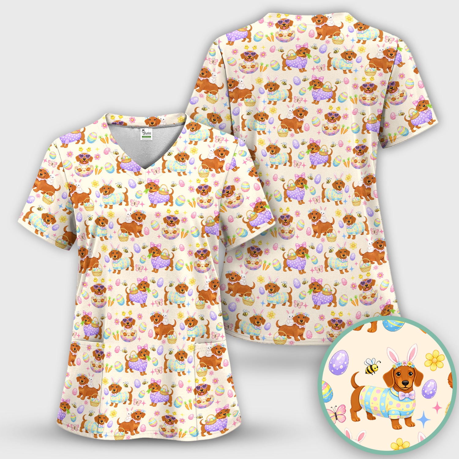 Cute Easter Dachshund Dog Pattern Scrub Top, Breathable Healthcare Uniform Top