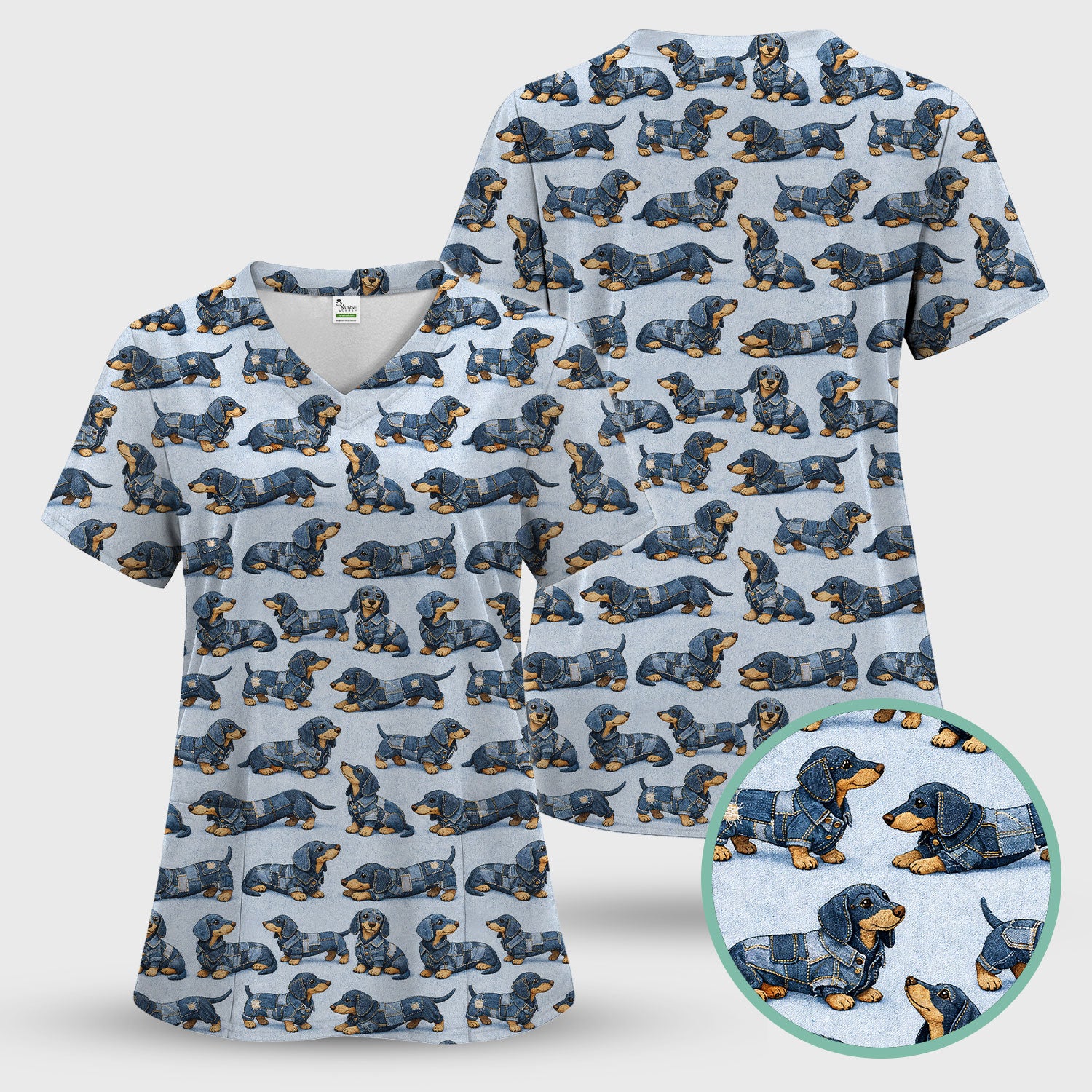 Denim Dachshund Dog Pattern Scrub Top, Breathable Fabrics Nursing Uniform