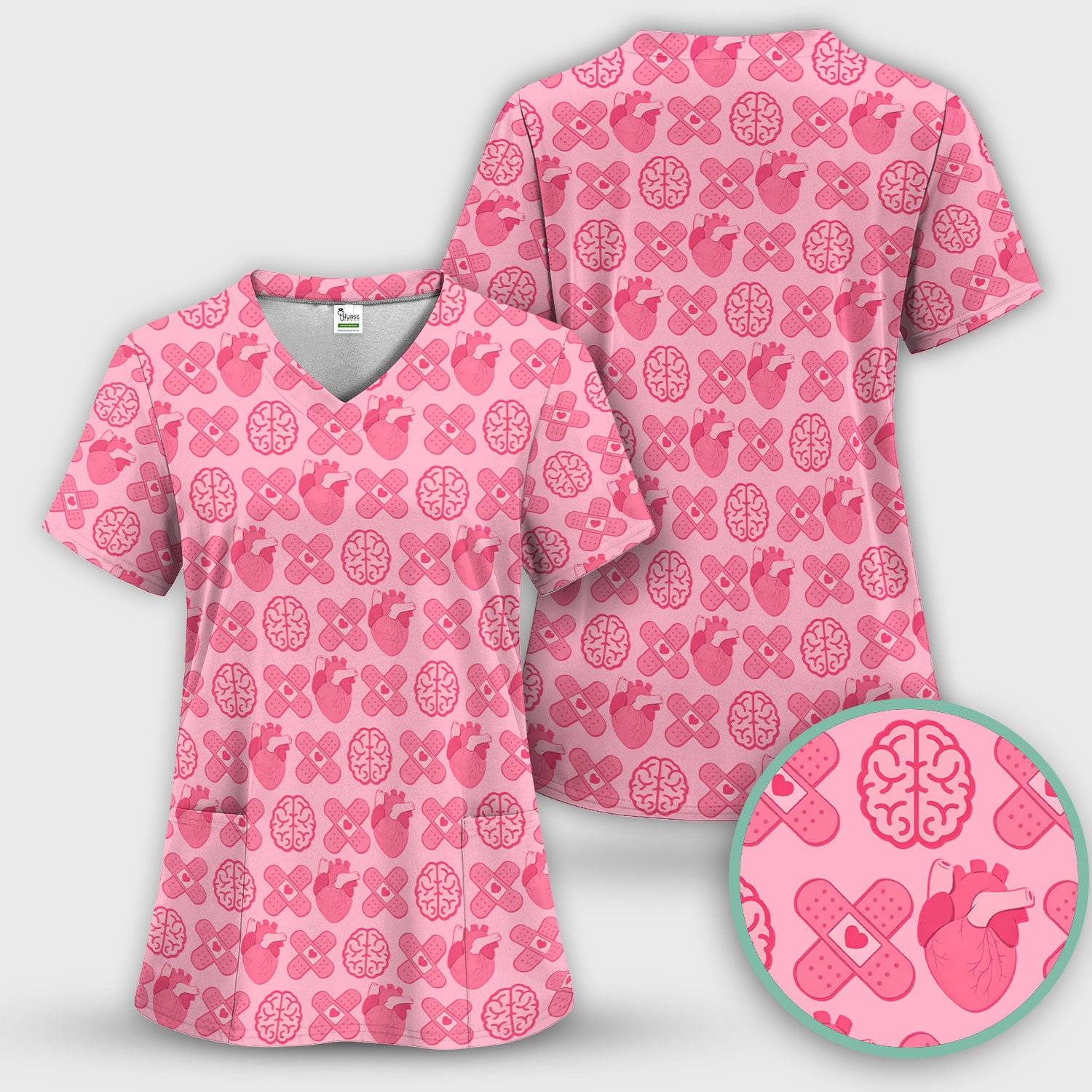 Heart & Brain Medical Icon Pattern Scrub Set, Scrub Pants and V Neck Top