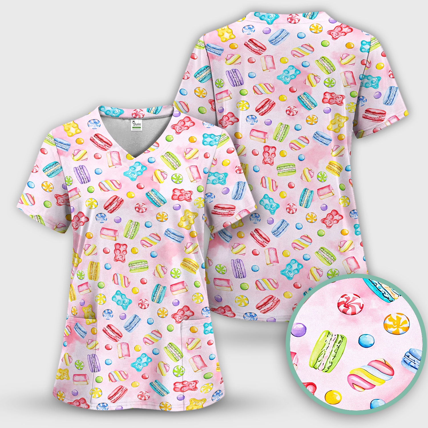 Cute Candy and Macaron Pattern Medical Scrub Top, Comfortable Scrubs for Nurses