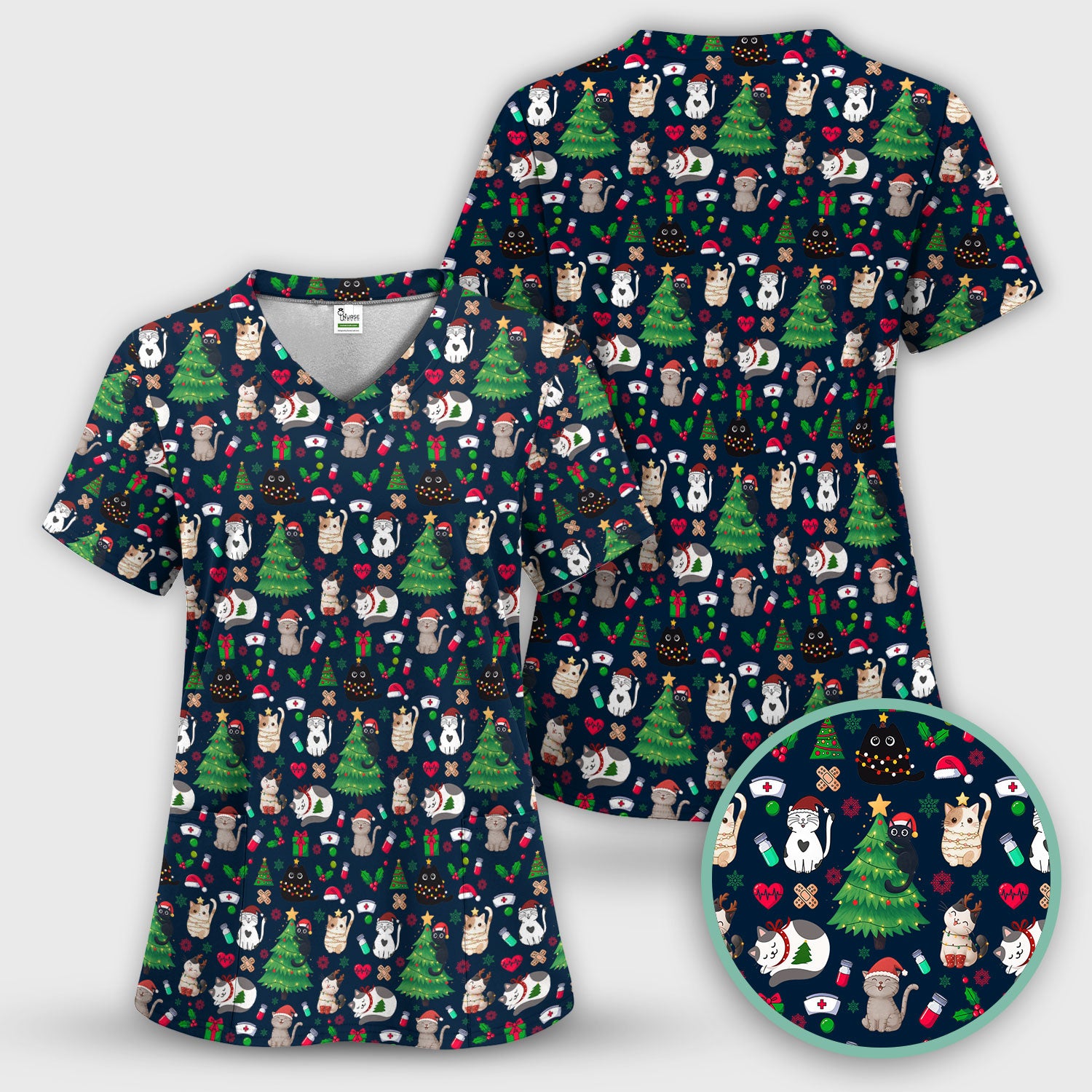 Christmas Cat Scrub Top, Xmas Pet Pattern Scrub Shirt, Breathable Fabrics Nursing Uniform