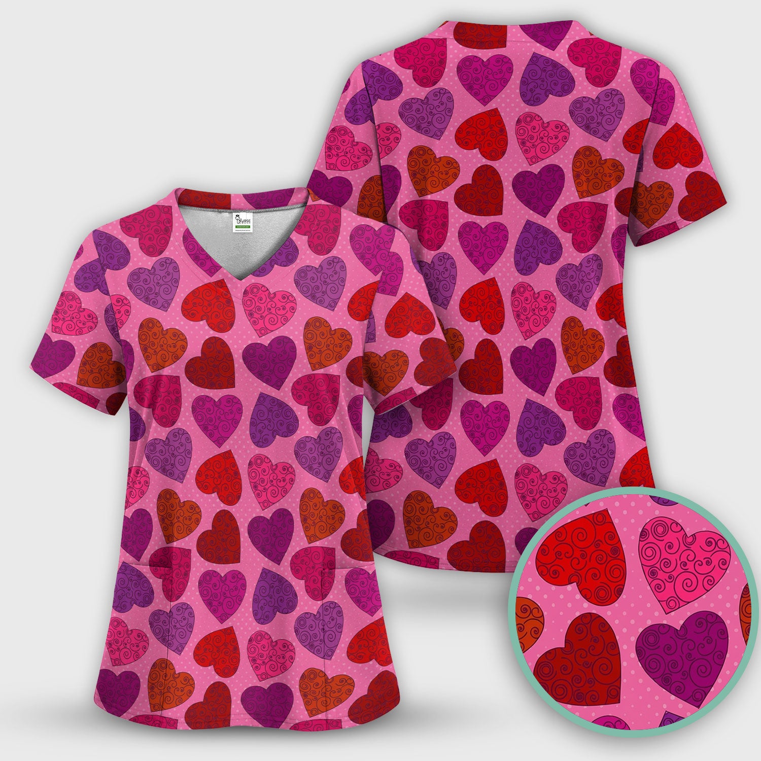 Women’s Pink Heart Scrub Top, Valentine Heart Pattern Nurse Shirt, Comfortable Scrubs For Nursing