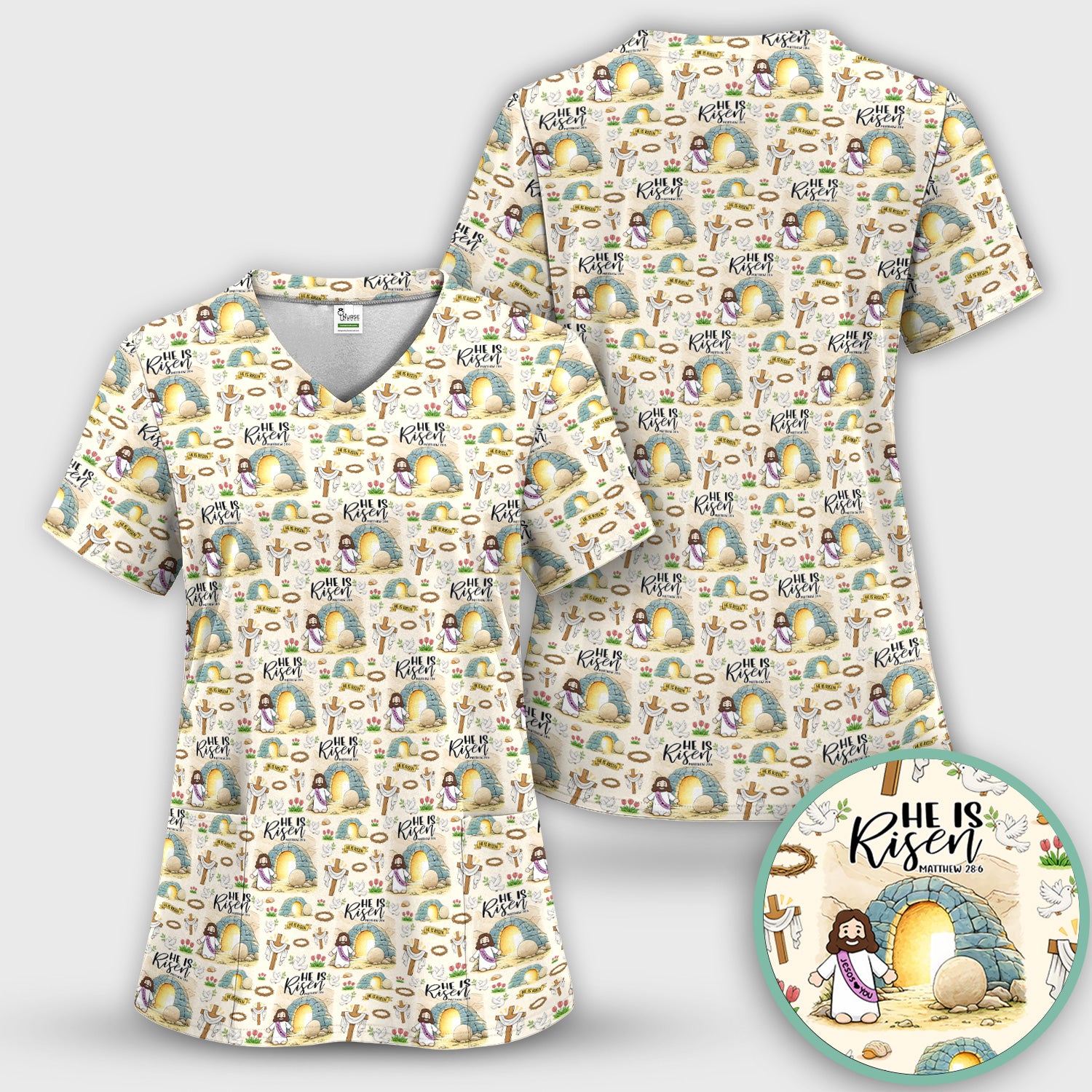 Christian Easter He Is Risen Resurrection Pattern Scrub Top, Breathable Healthcare Uniform Top